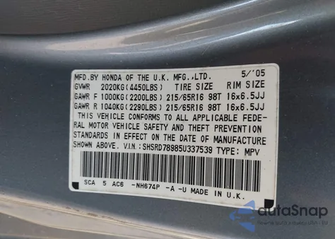 2005 Honda Cr-V Se z USA, uszkodzony, nr VIN SHSRD78985U337539